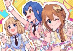 Rule 34 | 3girls, :d, ;), ahoge, anniversary, aqua eyes, arms up, artist name, baba konomi, black necktie, blue eyes, blue hair, blue shirt, blush, braid, breasts, brown hair, butterfly hair ornament, closed mouth, collared shirt, dot nose, eyelashes, fleurs (idolmaster), future signature (idolmaster), hair between eyes, hair ornament, hair ribbon, hand up, highres, idolmaster, idolmaster million live!, idolmaster million live! theater days, idolmaster million live! theater days brand new song, ima (lm ew), light smile, long hair, looking ahead, looking at viewer, medium breasts, multiple girls, nanao yuriko, necktie, official alternate costume, one eye closed, open mouth, outline, pink shirt, plaid, plaid shirt, ribbon, shirt, short hair, side braid, single braid, small breasts, smile, straight hair, suou momoko, upper body, wrist cuffs, yellow eyes, yellow shirt