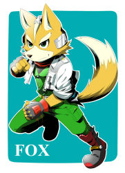 Rule 34 | 1boy, belt, boots, fingerless gloves, fox mccloud, furry, furry male, gloves, green eyes, headset, highres, jacket, male focus, nintendo, scarf, smile, solo, star fox, tail, text focus