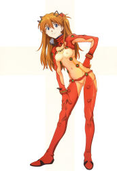 Rule 34 | 1girl, absurdres, adapted costume, belt, blue eyes, bodysuit, boots, breasts, brown hair, detached sleeves, female focus, full body, gloves, highres, long hair, matsubara hidenori, neon genesis evangelion, nipples, plugsuit, rebuild of evangelion, red bodysuit, red footwear, see-through, see-through bodysuit, shiny clothes, simple background, smile, solo, souryuu asuka langley, standing, test plugsuit, third-party edit, turtleneck, very long hair, white background, wide hips