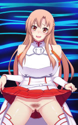 Rule 34 | 10s, 1girl, armor, asuna (sao), bar censor, bare shoulders, blush, braid, breastplate, brown eyes, brown hair, censored, clothes lift, female pubic hair, fujirin, highres, long hair, looking at viewer, pleated skirt, pubic hair, pussy, sidelocks, skirt, skirt lift, smile, solo, sword art online, tears, thighhighs, white thighhighs