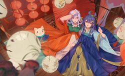 Rule 34 | 2girls, :d, absurdres, ai dongdong, animal ears, arm up, bcy, black hair, blue shirt, blue skirt, braided sidelock, cat ears, chinese clothes, from above, green shirt, hair rings, hand over eye, hand up, hanfu, highres, huhu, lantern, lantern festival, layered sleeves, long hair, long sleeves, looking at viewer, looking up, miao jiujiu, multiple girls, oil-paper umbrella, open mouth, orange skirt, paper lantern, qixiong ruqun, red eyes, red shawl, red umbrella, ruan miemie, shawl, shirt, short over long sleeves, short sleeves, skirt, sky lantern, smile, umbrella, white hair, wide shot, wide sleeves, yellow shawl