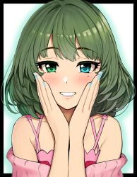 Rule 34 | 1girl, bad id, bad twitter id, bare shoulders, blue eyes, blue nails, blush, camisole, cardigan, collarbone, eyelashes, green eyes, green hair, grin, hands on own cheeks, hands on own face, heterochromia, idolmaster, idolmaster cinderella girls, looking at viewer, mole, mole under eye, nail polish, off shoulder, omaru gyuunyuu, open cardigan, open clothes, pink camisole, pink sweater, short hair, smile, solo, sweater, swept bangs, takagaki kaede, white background