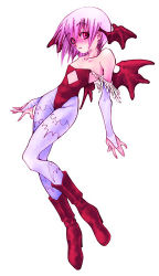 Rule 34 | 1girl, animal print, bat print, bat wings, blush, boots, capcom, demon girl, elbow gloves, flat chest, fuyube rion, gloves, head wings, leotard, lilith aensland, lowres, pantyhose, pink eyes, pink hair, print pantyhose, purple pantyhose, red leotard, short hair, solo, vampire (game), wings