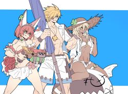Rule 34 | 1boy, 2girls, abs, ahoge, animal ears, bikini, blonde hair, blue background, blue eyes, border, breasts, choker, cleavage, clover, collarbone, cross, cross necklace, dark-skinned female, dark skin, dong hole, elphelt valentine, eyepatch, fake animal ears, flower, food, four-leaf clover, green eyes, guilty gear, guilty gear xrd, gun, hair between eyes, handgun, hat, highres, holding, holding gun, holding umbrella, holding weapon, jewelry, large breasts, lucifero (guilty gear), midriff, multiple girls, navel, necklace, o-ring, o-ring top, pectorals, pink hair, popsicle, ramlethal valentine, rose, shorts, sin kiske, small breasts, smile, stomach, sun hat, swimsuit, thigh strap, thighs, tongue, tongue out, umbrella, water gun, weapon, white border, yellow eyes