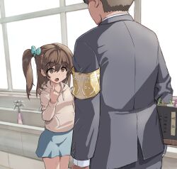 Rule 34 | 1boy, 1girl, :o, armband, blue bow, blue skirt, blush, bow, breasts, brown eyes, brown hair, child, commission, formal, from behind, grey suit, groin outline, hair between eyes, hair bow, hair ornament, high side ponytail, highres, holding, holding notebook, hood, hoodie, index finger raised, light blush, long sleeves, looking up, medium hair, notebook, notice lines, open mouth, original, pixiv commission, pointing, pointing at self, raised eyebrows, short hair, side ponytail, sink, skirt, small breasts, suit, susu (ysy), sweatdrop, thighs, white hoodie, yellow armband