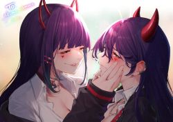 Rule 34 | 2girls, akuma nihmune, akuma nihmune (1st costume), blurry, blush, bokeh, breasts, cleavage, closed mouth, collar, depth of field, ear piercing, fake horns, hair ornament, hairclip, heart o-ring, horns, indie virtual youtuber, looking at another, looking away, looking to the side, mikan (chipstar182), multiple girls, parted lips, piercing, purple hair, selfcest, squinting, teeth, virtual youtuber, yuri