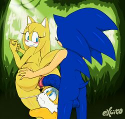 Rule 34 | 1girl, 2boys, anus, ass, blue eyes, excito, furry, furry female, furry male, hetero, highres, imminent penetration, jungle, large penis, multiple boys, nature, netorare, netorase, penis, public indecency, pussy, sonic (series), sonic the hedgehog, suggestive gesture, tails (sonic), testicles, veins, veiny penis, zooey (sonic)