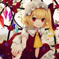 Rule 34 | 1girl, absurdres, ascot, blonde hair, blurry, blurry background, bug, butterfly, cowboy shot, crystal, daimaou ruaeru, flandre scarlet, flower, frilled shirt collar, frills, hair between eyes, hat, hat ribbon, highres, holding hands, insect, leaning forward, long hair, looking at viewer, mob cap, one side up, petticoat, pov, red eyes, red flower, red ribbon, red rose, red skirt, red vest, ribbon, rose, shirt, short sleeves, skirt, skirt set, slit pupils, smile, solo focus, touhou, vest, white hat, white shirt, wings, yellow ascot