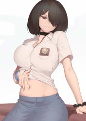 Rule 34 | 1girl, black choker, black hair, breasts, brown eyes, choker, collared shirt, desk, feet out of frame, grey skirt, hair ornament, hair over one eye, hairclip, hand on own stomach, highres, indonesian clothes, large breasts, looking at viewer, looking down, midriff, navel, open mouth, original, parted lips, rev60, school uniform, scrunchie, shirt, short hair, short sleeves, simple background, sitting, skirt, smile, teeth, white background, white shirt, wrist scrunchie, wristband