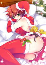 Rule 34 | 1girl, ass, blush, breasts, brown hair, christmas, christmas tree, dress, elbow gloves, female focus, gloves, green eyes, hat, large breasts, lying, on side, open mouth, original, panties, pink panties, red thighhighs, ribbon, santa costume, shima chiyo, short hair, solo, striped clothes, striped panties, thighhighs, underwear