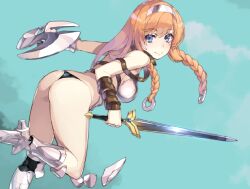 Rule 34 | 1girl, armor, ass, black panties, blue eyes, boots, braid, hairband, high heel boots, high heels, holding, holding sword, holding weapon, leina (queen&#039;s blade), looking back, nishii (damnedrive), orange hair, panties, queen&#039;s blade, queen&#039;s blade unlimited, revealing clothes, shield, shiny skin, smile, solo, sword, thong, twin braids, underwear, weapon