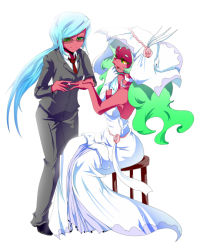 Rule 34 | 10s, 2girls, blue hair, blush, breasts, colored skin, crossdressing, demon girl, dress, female focus, flat chest, formal, full body, green eyes, green hair, holding hands, incest, jewelry, kneesocks (psg), large breasts, long hair, multiple girls, nabe (ingenmame), necklace, necktie, open mouth, panty &amp; stocking with garterbelt, pointy ears, ponytail, red skin, ring, scanty (psg), siblings, simple background, sisters, sitting, smile, suit, sunglasses, veil, very long hair, wedding dress, white background, yuri
