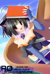 1girl 2005 :d alchemist_(ragnarok_online) animal_ears artist_name bad_id black_dress black_hair blue_gloves blue_sky blue_thighhighs book breasts brown_cape cape cat_ears cleavage cloud copyright_name dated dress elbow_gloves fang fingerless_gloves fur_collar gloves hair_between_eyes hand_up holding holding_book kawai_maria large_breasts lowres open_mouth ragnarok_online red_eyes short_dress short_hair sky smile solo strapless strapless_dress thighhighs zettai_ryouiki