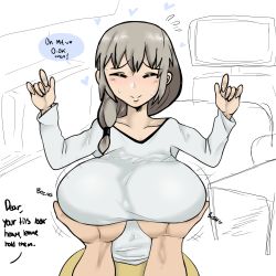 Rule 34 | 1boy, 1girl, arms up, blush, breasts, closed eyes, clothes, embarrassed, english text, fruitysnacks, grabbing, grabbing another&#039;s breast, hands on breasts, heart, highres, huge breasts, large breasts, long hair, ponytail, pov, pov hands, silver hair, spread legs, sweat, uzaki-chan wa asobitai!, uzaki tsuki