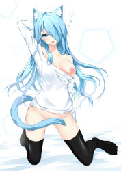 Rule 34 | 1girl, animal ears, arm behind head, arm up, black thighhighs, blue eyes, blue hair, bottomless, breasts, cat ears, cat tail, catstudioinc (punepuni), collarbone, convenient censoring, fang, hair over one eye, kneeling, large breasts, long hair, long sleeves, looking at viewer, matching hair/eyes, naked shirt, nipples, no bra, off shoulder, open mouth, original, shirt, solo, tail, tail censor, thighhighs, thighs, very long hair