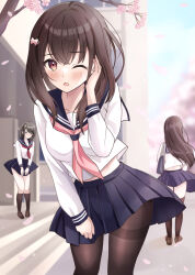 Rule 34 | 3girls, :o, blue eyes, blue sailor collar, blue skirt, blurry, blurry background, blush, bow, branch, breasts, brown footwear, brown hair, brown pantyhose, brown thighhighs, building, closed mouth, commentary request, covering privates, covering crotch, day, depth of field, flower, hair between eyes, hair bow, hand up, highres, leaning forward, loafers, long hair, looking at viewer, medium breasts, multiple girls, neckerchief, original, outdoors, pantyhose, parted lips, pink bow, pink flower, pink neckerchief, pleated skirt, red eyes, sailor collar, school uniform, serafuku, shirt, shoes, skirt, solo focus, thighband pantyhose, thighhighs, very long hair, white shirt, wind, wind lift, yukimaru217