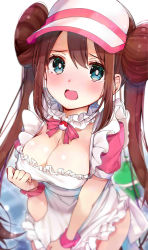 Rule 34 | 1girl, :o, absurdres, apron, apron tug, blue eyes, blurry, blush, breasts, brown hair, cleavage, cowboy shot, creatures (company), depth of field, embarrassed, frilled apron, frills, game freak, gradient background, hand on own chest, hat, highres, large breasts, long hair, looking at viewer, maid, neck garter, neck ribbon, nintendo, nose blush, open mouth, pink ribbon, pokemon, pokemon bw2, ribbon, rosa (pokemon), rouka (akatyann), short sleeves, sidelocks, solo, tareme, tears, twintails, very long hair, visor cap, white apron, white background, white hat, wrist cuffs