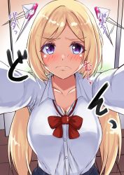 Rule 34 | 1girl, aki rosenthal, alternate costume, angry, blonde hair, blush, bob cut, breasts, commentary request, detached hair, expressive object, frown, hair ornament, haruka kuromiya, headgear, highres, hololive, long hair, looking at viewer, low twintails, parted bangs, purple eyes, school uniform, short hair, solo, twintails, virtual youtuber