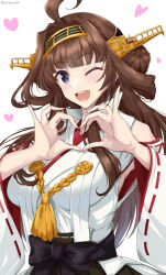 Rule 34 | 1girl, ahoge, breasts, brown hair, chamumi (mochiumee), detached sleeves, gold hairband, hair bun, hairband, heart, heart hands, highres, japanese clothes, kantai collection, kongou (kancolle), large breasts, looking at viewer, miko, nontraditional miko, one eye closed, purple eyes, ribbon-trimmed sleeves, ribbon trim, solo, twitter username, upper body, white background