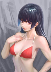 Rule 34 | 1girl, absurdres, bikini, bikini top only, black hair, breasts, darkmuleth, highres, hime cut, long hair, navel, open mouth, original, parted lips, red bikini, red eyes, smile, solo, strap gap, swimsuit