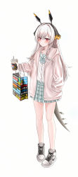 Rule 34 | 1girl, absurdres, alternate costume, animal ear fluff, arknights, bag, bare legs, blouse, blue bow, blue sailor collar, blue skirt, blush, bow, casual, closed mouth, copo, cup, disposable cup, full body, grey footwear, hand in pocket, highres, holding, holding cup, jacket, long hair, long sleeves, looking at viewer, miniskirt, nike (company), open clothes, open jacket, plaid, plaid skirt, pleated skirt, red eyes, sailor collar, school uniform, serafuku, shirt, shoes, shopping bag, silver hair, skirt, smile, sneakers, solo, standing, tail, weedy (arknights), white jacket, white shirt