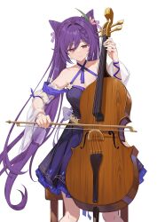 Rule 34 | 1girl, absurdres, alternate costume, bare shoulders, black dress, cello, commentary request, cone hair bun, criss-cross halter, dress, feet out of frame, genshin impact, hair bun, halterneck, highres, holding, holding instrument, instrument, keqing (genshin impact), lazy yuanying, long hair, long sleeves, looking at viewer, music, off-shoulder dress, off shoulder, playing instrument, purple eyes, purple hair, simple background, smile, solo, very long hair, white background