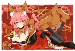 Rule 34 | 1girl, absurdres, animal ear fluff, animal ears, animal hands, bare shoulders, bell, black thighhighs, blush, breasts, cat hair ornament, cat paws, cleavage, collar, detached sleeves, fate/grand order, fate (series), fox ears, fox girl, fox tail, gin (yza foxxhermit), gloves, hair ornament, highres, jacket, japanese clothes, jingle bell, kimono, large breasts, long hair, looking at viewer, neck bell, paw gloves, paw shoes, pink hair, ponytail, red kimono, red ribbon, ribbon, solo, tail, tamamo (fate), tamamo cat (fate), tamamo cat (first ascension) (fate), thighhighs, yellow eyes