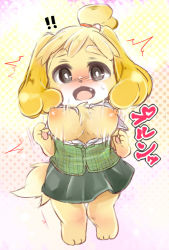 Rule 34 | 1girl, 7010, animal crossing, animal ears, animal hands, barefoot, breasts, feet, female focus, full body, furry, furry female, gradient background, halftone, halftone background, isabelle (animal crossing), large breasts, nintendo, nipples, pawpads, skirt, solo, tail, text focus, toes, translated, wardrobe malfunction, white background