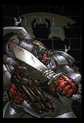 Rule 34 | assault visor, autobot, black border, border, collaboration, comic cover, commentary, cover image, english commentary, glowing, glowing eyes, grimlock, highres, holding, holding sword, holding weapon, kieran oats, marcelo matere, mecha, mecha focus, no humans, official art, red visor, robot, science fiction, shadow, solo, sword, the transformers (idw), transformers, weapon, western comics (style)