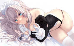 Rule 34 | 1girl, ass, backless outfit, bare shoulders, black panties, blue eyes, blush, braid, breasts, cleavage, collarbone, gloves, highres, large breasts, long hair, long sleeves, looking at viewer, lying, on side, open mouth, original, panties, side braid, silver hair, solo, swept bangs, thighhighs, thighs, underwear, untue, white gloves, white thighhighs