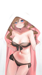 Rule 34 | 1girl, absurdres, barbara (genshin impact), bare arms, bare shoulders, bikini, blush, breasts, brown hair, cleavage, commentary request, cowboy shot, drill hair, genshin impact, grey bikini, hair between eyes, highres, kebohan, looking at viewer, medium breasts, navel, side-tie bikini bottom, smile, solo, standing, stomach, strapless, strapless bikini, swimsuit, thighs, twin drills, twintails