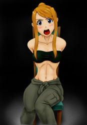 Rule 34 | 1girl, blonde hair, blue eyes, blush, bound, collarbone, momo chan, open mouth, pixiv sample, resized, sitting, solo, tied up, winry rockbell