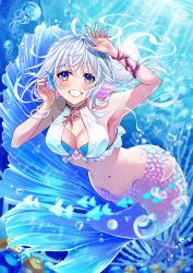 Rule 34 | 1girl, absurdres, ahoge, air bubble, armpits, arms up, bare shoulders, bikini, bikini top only, blue eyes, blue footwear, blue nails, blush, bracelet, braid, breasts, bubble, cleavage, collarbone, colored inner hair, commentary request, coral, fins, floating hair, full body, grin, groin, hair between eyes, head fins, highres, huge filesize, ichino tomizuki, jellyfish, jewelry, large breasts, layered bikini, light rays, long hair, looking at viewer, mermaid, monster girl, multicolored eyes, multicolored hair, nail polish, navel, original, pearl bracelet, pink hair, purple eyes, scales, sidelocks, smile, solo, starfish, stomach, swimsuit, teeth, two-tone hair, underwater, white bikini, white hair
