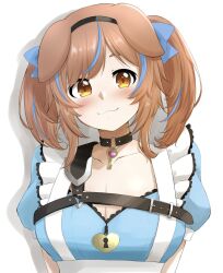 Rule 34 | 1girl, :3, animal ears, blue hair, blush, breasts, brown eyes, brown hair, cleavage, collar, commentary request, dog ears, dog girl, floppy ears, heart-shaped lock, highres, hololive, inugami korone, inugami korone (wonderland), jewelry, key, key necklace, large breasts, leoanil illust, long hair, looking at viewer, multicolored hair, necklace, official alternate costume, simple background, solo, streaked hair, twintails, upper body, virtual youtuber, white background