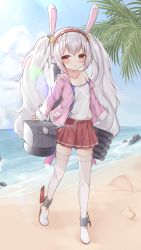 Rule 34 | 1girl, absurdres, animal ears, azur lane, beach, camisole, cannon, cloud, commentary request, fake animal ears, full body, hairband, highres, irokari, jacket, laffey (azur lane), long hair, ocean, off shoulder, open mouth, outdoors, palm tree, pink jacket, rabbit ears, red eyes, red skirt, shoes, silver hair, skirt, sky, solo, thighhighs, thighs, torpedo, tree, twintails, water, weapon, white camisole, white footwear, white thighhighs