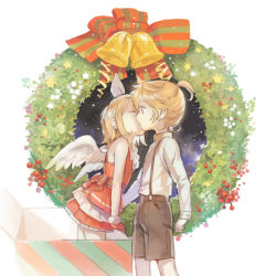 Rule 34 | 1boy, 1girl, angel wings, bad id, bad pixiv id, bare shoulders, bell, blonde hair, blue eyes, box, brother and sister, christmas, closed eyes, dress, feeno, gloves, hair ribbon, hetero, in box, in container, kagamine len, kagamine rin, kiss, kissing cheek, ponytail, red dress, red gloves, red skirt, ribbon, short hair, short ponytail, shorts, siblings, skirt, suspenders, twins, vocaloid, wings, wreath