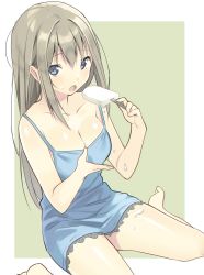 Rule 34 | 1girl, barefoot, blue eyes, breasts, brown hair, camisole, cleavage, collarbone, eating, food, green background, hair between eyes, hands up, highres, holding, holding food, long hair, looking at viewer, loungewear, medium breasts, natasha (pommier), open mouth, original, popsicle, simple background, sitting, solo, spaghetti strap, thighs, two-tone background, wariza, white background