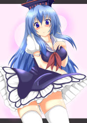 Rule 34 | 1girl, blue hair, bow, breasts, clothes lift, dress, dress lift, dress shirt, ebi 193, hair bow, hat, kamishirasawa keine, long hair, panties, red eyes, ribbon, shirt, skirt, skirt lift, solo, thighhighs, tokin hat, touhou, underwear, upskirt, white panties, white thighhighs