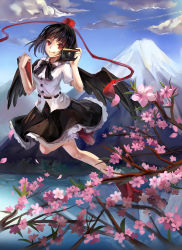 Rule 34 | 1girl, :q, black hair, black wings, camera, cherry blossoms, female focus, flying, geta, hat, mountain, red eyes, rifsom, shameimaru aya, short hair, skirt, solo, tokin hat, tongue, tongue out, touhou, wings