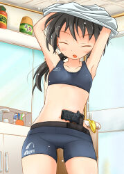 Rule 34 | 1girl, armpits, arms up, black hair, blue shorts, blush, breasts, closed eyes, collarbone, commentary request, cup, door, drinking glass, facing viewer, faucet, gun, handgun, indoors, long hair, minipat (sketch wall), mirror, navel, open mouth, original, shirt, short shorts, shorts, small breasts, solo, toothbrush, undressing, weapon, weapon request, white shirt