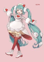 Rule 34 | 1girl, aqua eyes, aqua hair, bloomers, cherico, commentary, cream, crypton future media, dress, food, food-themed hair ornament, fruit, full body, furyu sweet sweets series, gloves, hair ornament, hatsune miku, high heels, long hair, looking at viewer, official art, open mouth, outstretched arms, pink background, red thighhighs, short sleeves, smile, solo, strawberry, strawberry hair ornament, teeth, thighhighs, twintails, upper teeth only, very long hair, vocaloid, walking, white dress, white footwear, white gloves, white headwear, yellow bloomers, zettai ryouiki