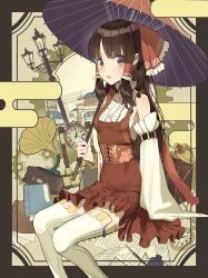 Rule 34 | 1girl, :o, absurdres, adapted costume, arm belt, bow, brown hair, building, center frills, clock, commentary request, corset, detached sleeves, dress, feet out of frame, frilled bow, frilled hair tubes, frills, hair tubes, hakurei reimu, hat, highres, holding, holding umbrella, lamppost, long hair, looking at viewer, notebook, oil-paper umbrella, open mouth, paper, phonograph, pocket watch, purple eyes, red bow, red corset, red dress, roman numeral, sitting, solo, suitcase, thighhighs, touhou, umbrella, undershirt, watch, white sleeves, white thighhighs, xinjinjumin