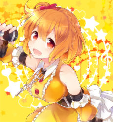 Rule 34 | 1girl, :d, belt, blonde hair, bow, braid, breasts, chain, detached sleeves, frills, hair bow, hutuumikan, kagerou project, kisaragi attention (vocaloid), kisaragi momo, large breasts, looking at viewer, microphone, open mouth, red eyes, short hair, side ponytail, smile, solo, vocaloid