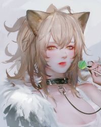Rule 34 | 1girl, animal ears, arknights, artist name, black nails, blonde hair, candy, chinese commentary, collar, commentary request, fom (lifotai), food, fur-trimmed jacket, fur trim, hair between eyes, highres, jacket, leash, lion ears, lollipop, long hair, looking at viewer, nail polish, nose, portrait, siege (arknights), sketch, solo, studded collar, tank top, tongue, yellow eyes