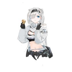 Rule 34 | 1girl, animal ears, arknights, aurora (arknights), bear ears, black gloves, black hairband, black shirt, blue eyes, breasts, cleavage, cleavage cutout, clothing cutout, commentary, crop top, cropped torso, food, gloves, hair over one eye, hairband, hands up, highres, holding, holding food, jacket, long hair, long sleeves, looking at viewer, medium breasts, midriff, navel, pouch, shirt, silver hair, simple background, smile, solo, stomach, upper body, very long hair, white background, white jacket, younubu no luolikong
