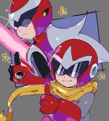 Rule 34 | 2boys, blush, commentary, english commentary, grey hair, helmet, highres, in-franchise crossover, koafreedraw, light frown, long hair, looking back, male focus, mega man (classic), mega man (series), mega man battle network (series), multiple boys, proto man, protoman.exe, robot, scarf, smile, sunglasses, sword, thumbs up, upper body, weapon, yellow scarf