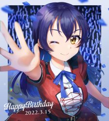 Rule 34 | 1girl, absurdres, birthday, blue hair, breasts, commentary, confetti, dated, english text, glowstick, happy birthday, highres, kyaku tasu, long hair, looking at viewer, love live!, love live! school idol project, medium breasts, one eye closed, reaching, reaching towards viewer, signature, solo, sonoda umi, yellow eyes