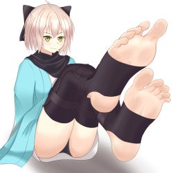 Rule 34 | 1girl, ahoge, ass, barefoot, black scarf, black thighhighs, fate/grand order, fate (series), feet, foreshortening, full body, japanese clothes, okita souji (fate), okita souji (koha-ace), scarf, shinsengumi, short hair, simple background, sitting, soles, solo, thighhighs, toeless legwear, toes, white background