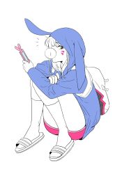 Rule 34 | 1girl, ^^^, alternate costume, animal ears, animal hood, backpack, bag, blowing bubbles, cellphone, chewing gum, d.va (overwatch), facepaint, facial mark, female focus, fingernails, full body, holding, holding phone, hood, hoodie, kneehighs, knees up, long hair, long sleeves, looking at viewer, overwatch, overwatch 1, partially colored, phone, pink shorts, rabbit ears, rabbit hood, sandals, short shorts, shorts, simple background, sitting, smartphone, socks, solo, spot color, whisker markings, white background