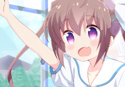 Rule 34 | 10s, 1girl, :d, arm up, blue sky, blush, bow, brown hair, collarbone, commentary request, day, derivative work, fang, hair between eyes, hair bow, indoors, long hair, looking away, momochi tamate, open mouth, outstretched arm, puffy short sleeves, puffy sleeves, purple eyes, school uniform, serafuku, shirt, short sleeves, sidelocks, sky, slow start, smile, solo, tree, twintails, very long hair, white bow, white shirt, window, yutsuki warabi